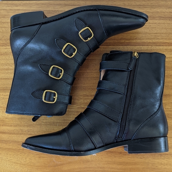 J. Crew Multi-Buckle Troy Black Leather Short Ankle Boot, sz 9 1/2 EUC - Picture 11 of 12